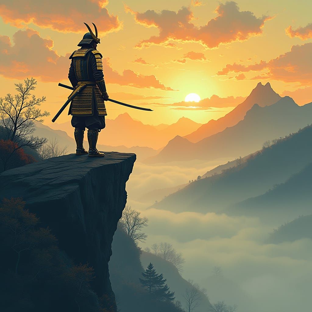 Samurai in Golden Armor Overlooks Misty Valley