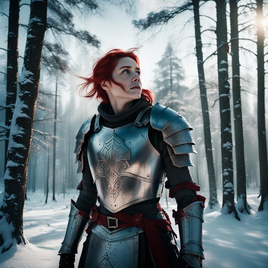 Red Haired Knight in Winter Landscape