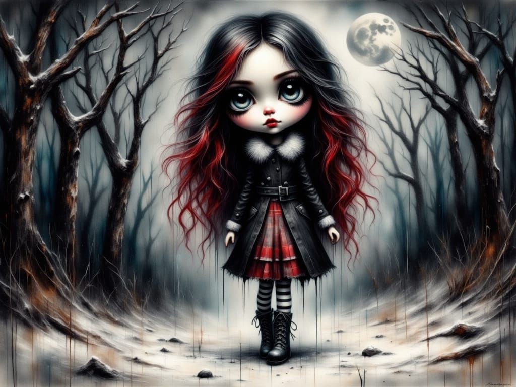 Grunge Girl in Moonlit Winter Forest