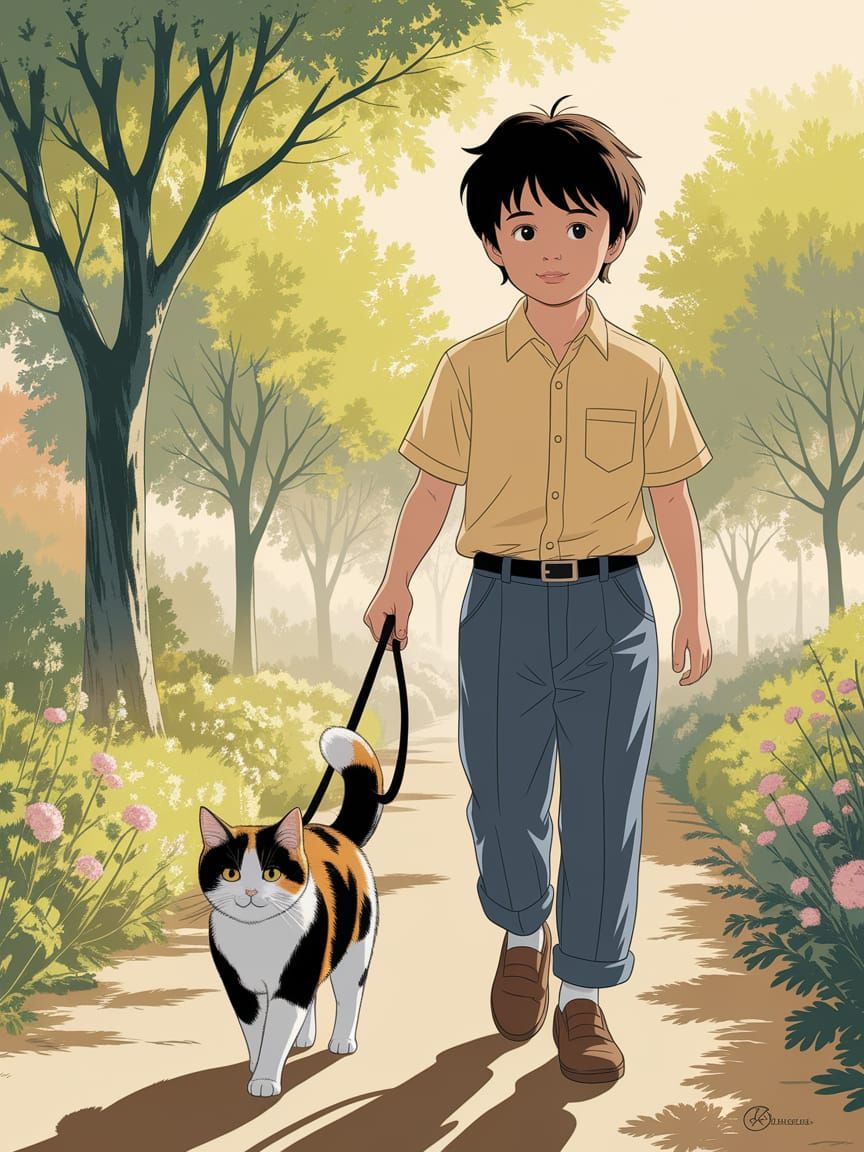 Boy and Calico Cat in Ghibli Style Park