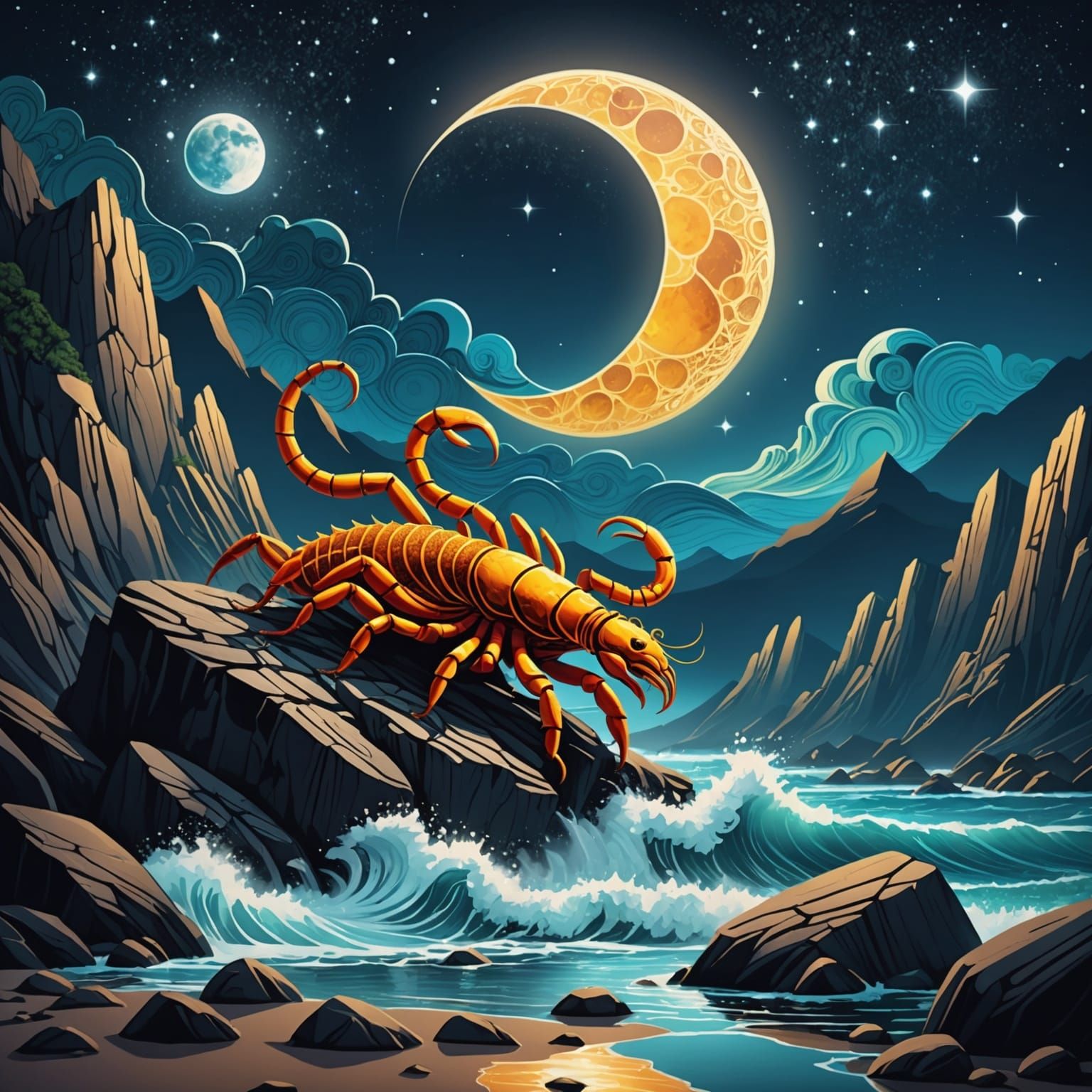Scorpion Crawling Above Majestic Waters in Abstract Style