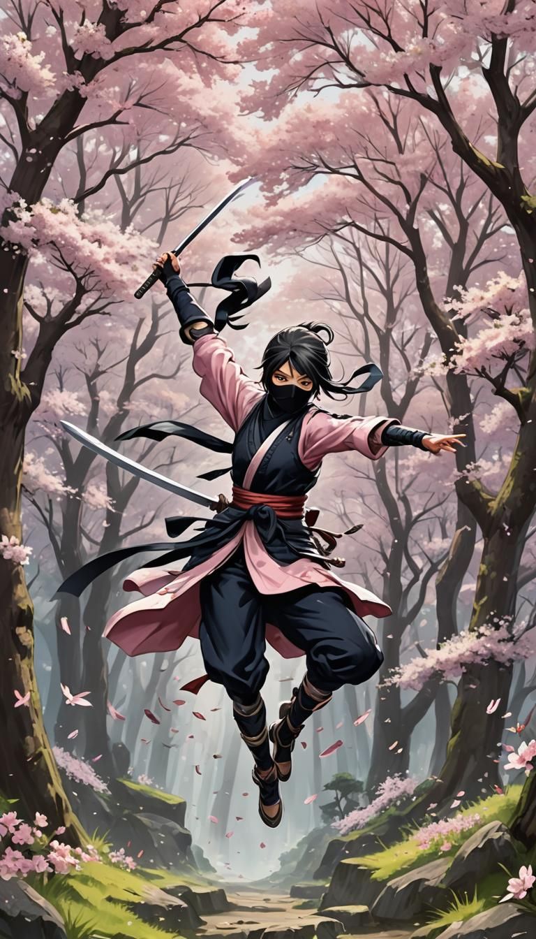 Ninja Swordsmanship in Cherry Blossom Forest: Anime Style