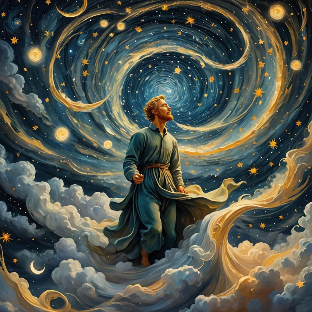 Ethereal Figure in Swirling Starry Night Sky