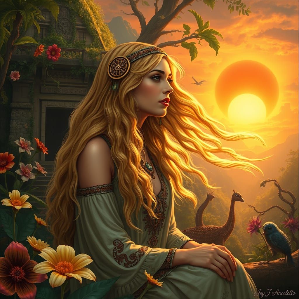 Inca Priestess in Jungle: Pre-Raphaelite Style