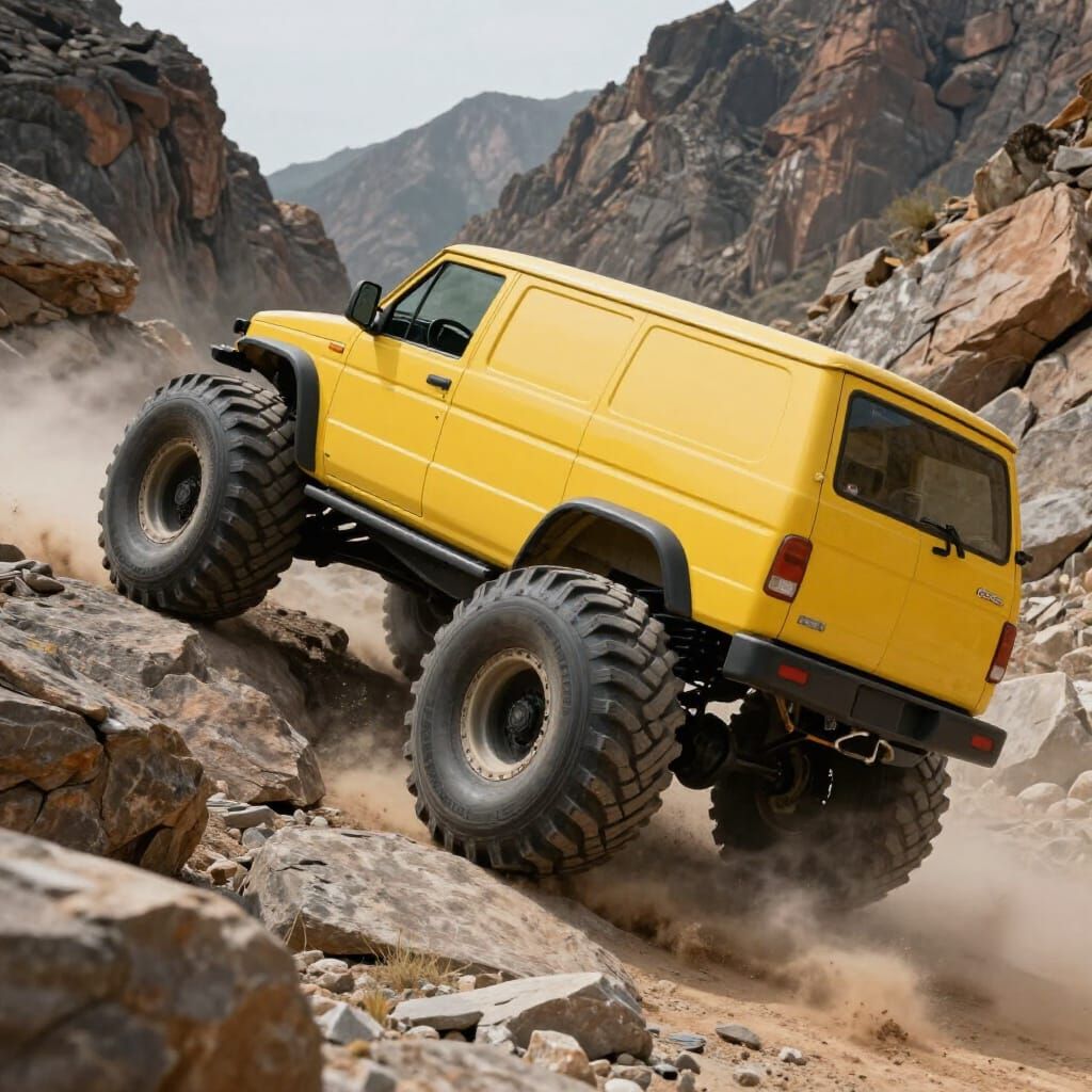 Yellow Monster Van Conquers Mountain Rocks