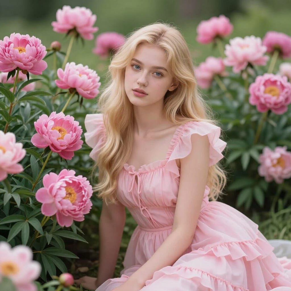 Woman in Pink Dress Amidst Peonies, Whimsical Fairytale Styl...