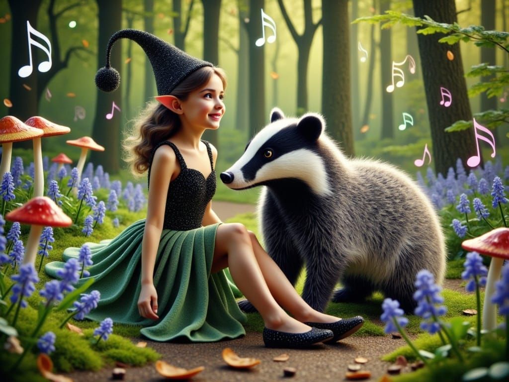 Elf Boy and Badger Companion in Mystical Woodland