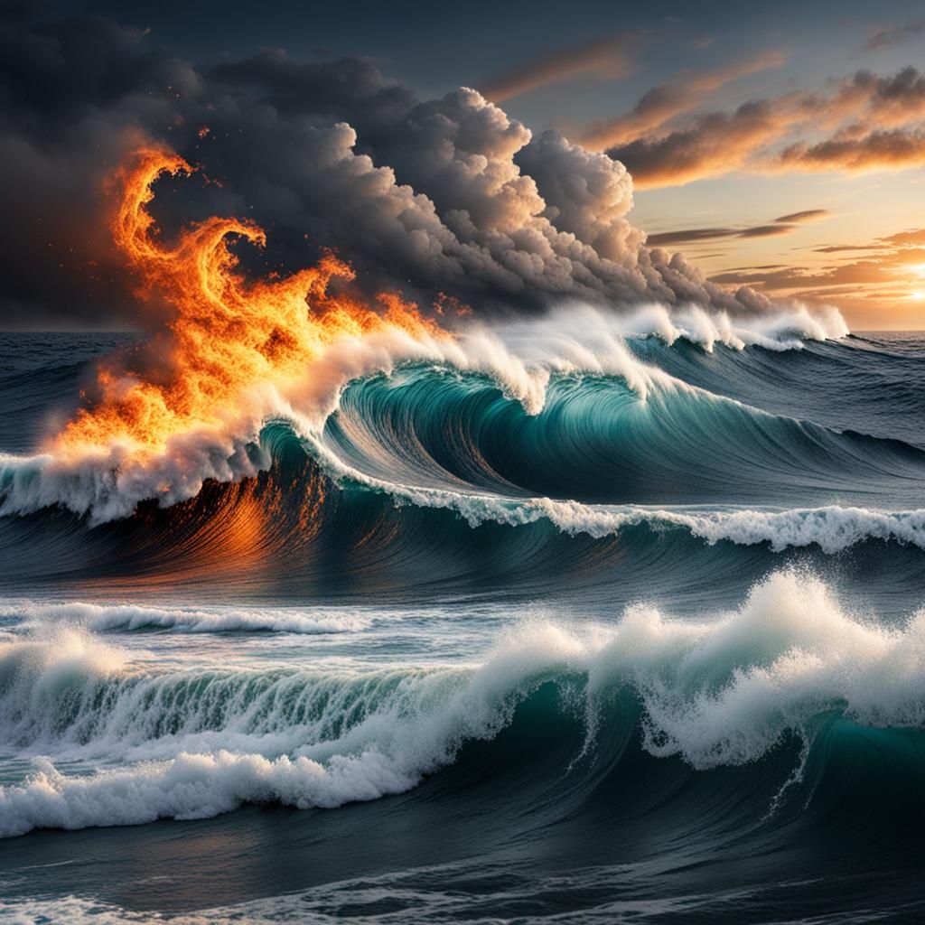 Fiery Ocean Waves Erupting from the Sea