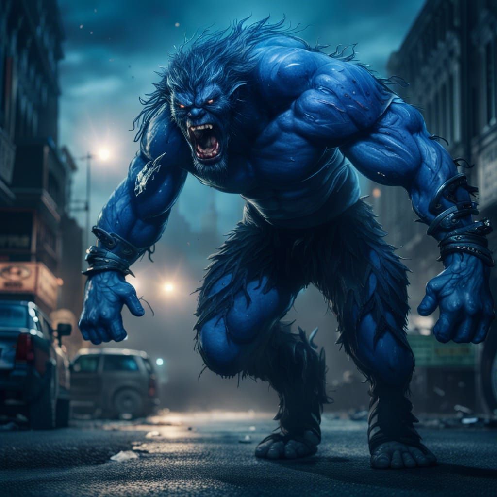 Giant Blue Monster Roaring in a Street