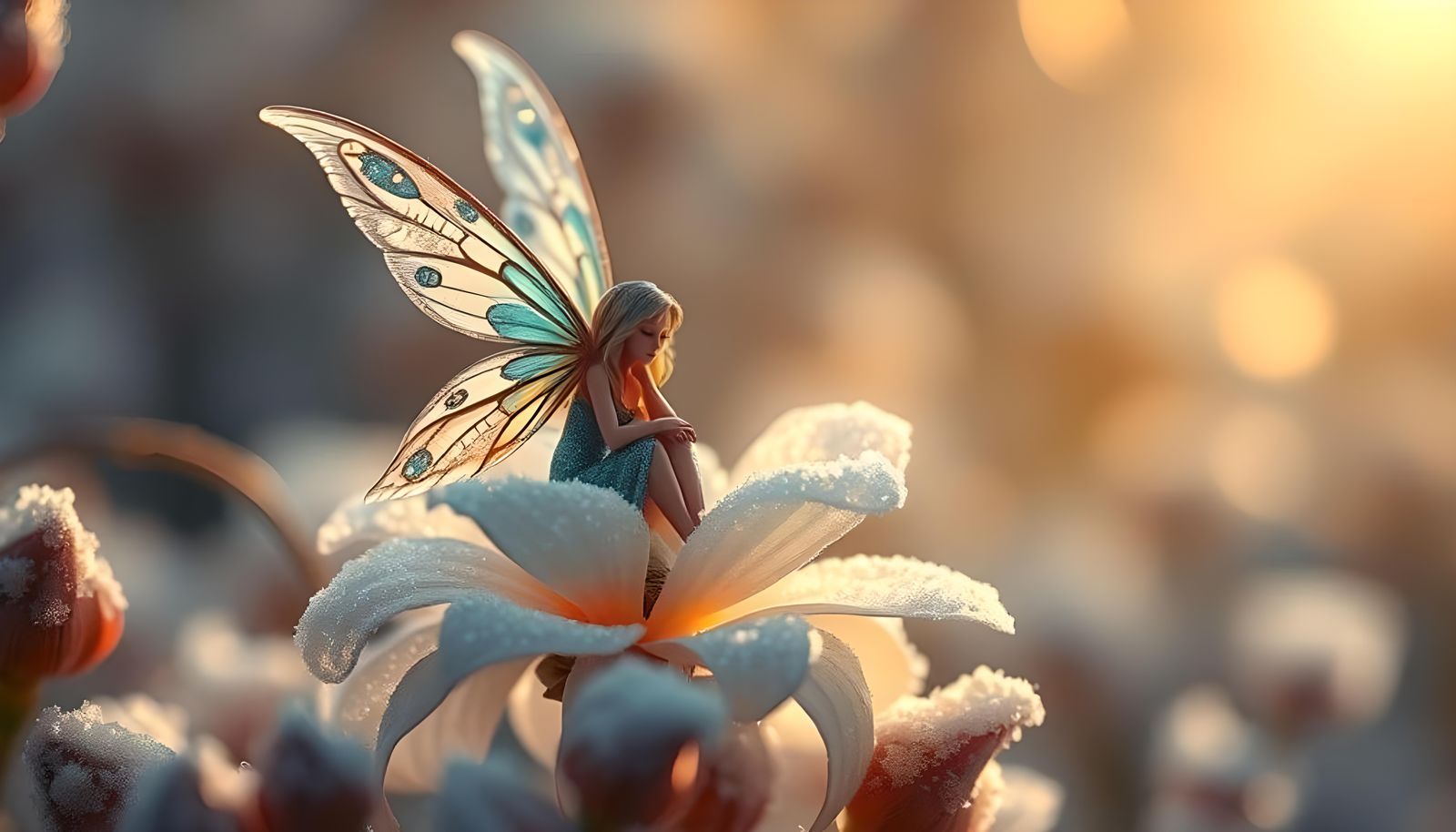 Hyperdetailed Fairy with Snowflake Wings on Frosted Flower