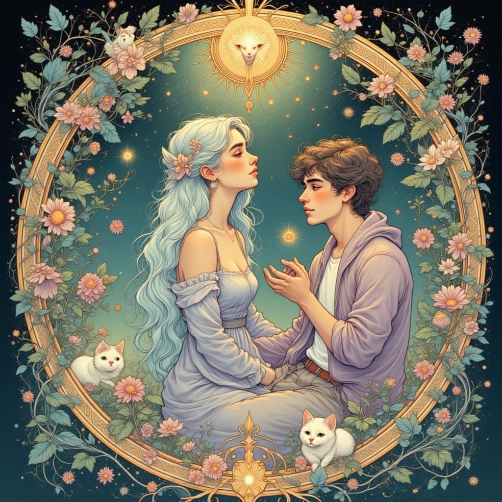 Ethereal Art Nouveau Scene with Figures and Cats