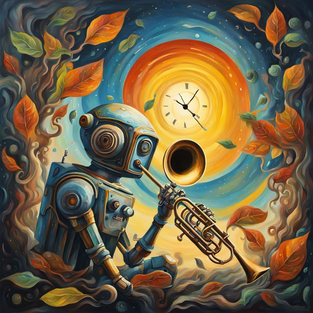 Worried Robot Plays Trumpet on Spaceship in Surreal Style