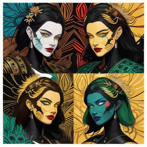 Contrasting Women with Peacock Feathers and Flower Crown