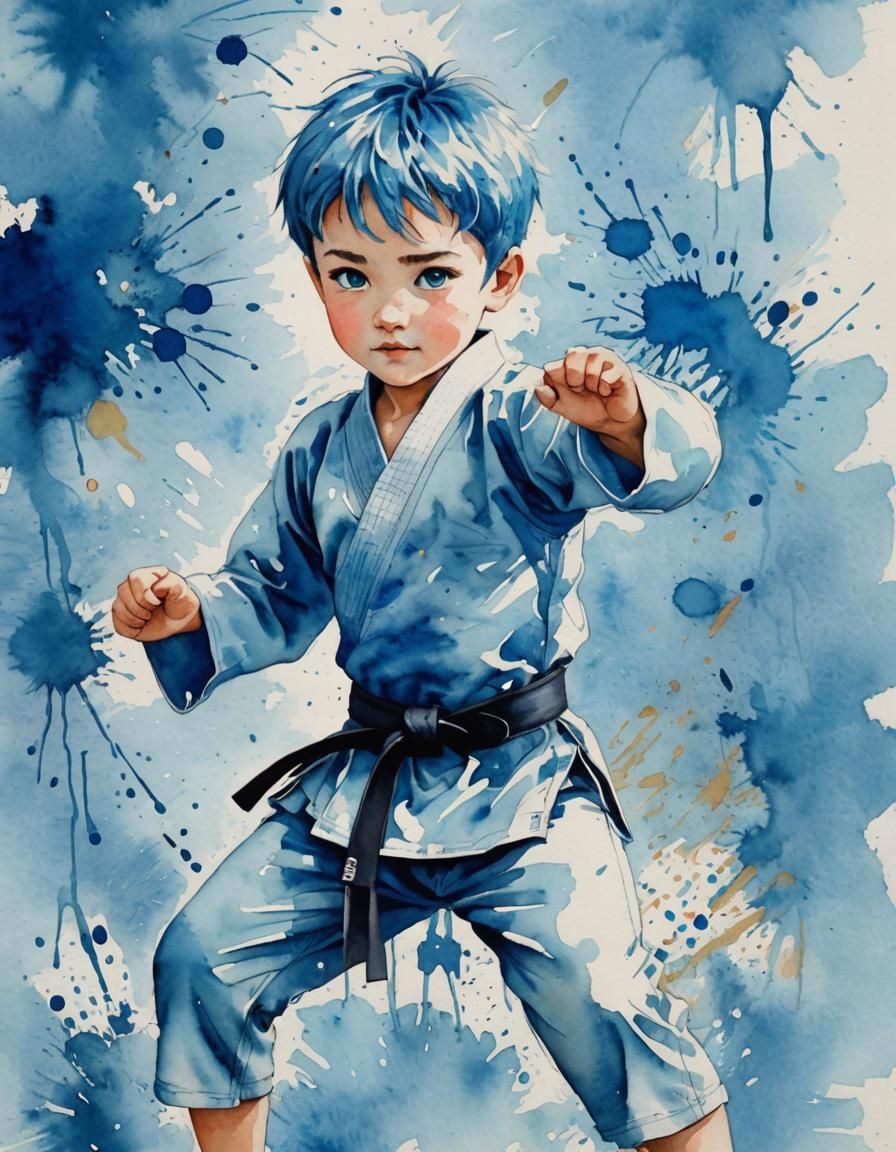 Boy Practicing Karate in Watercolour Style