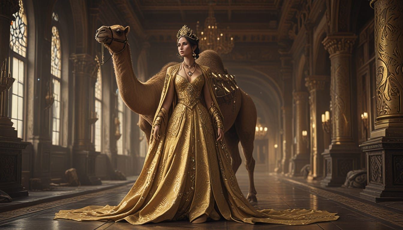 Regal Camel-Toned Queen in Golden Opulence