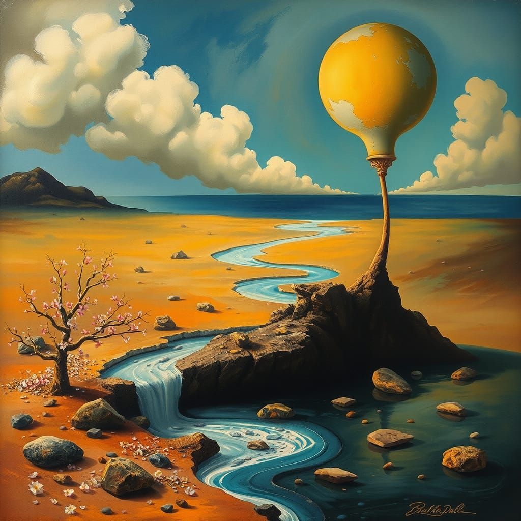 Surreal Barren Landscape with Flowers, in Dali Style