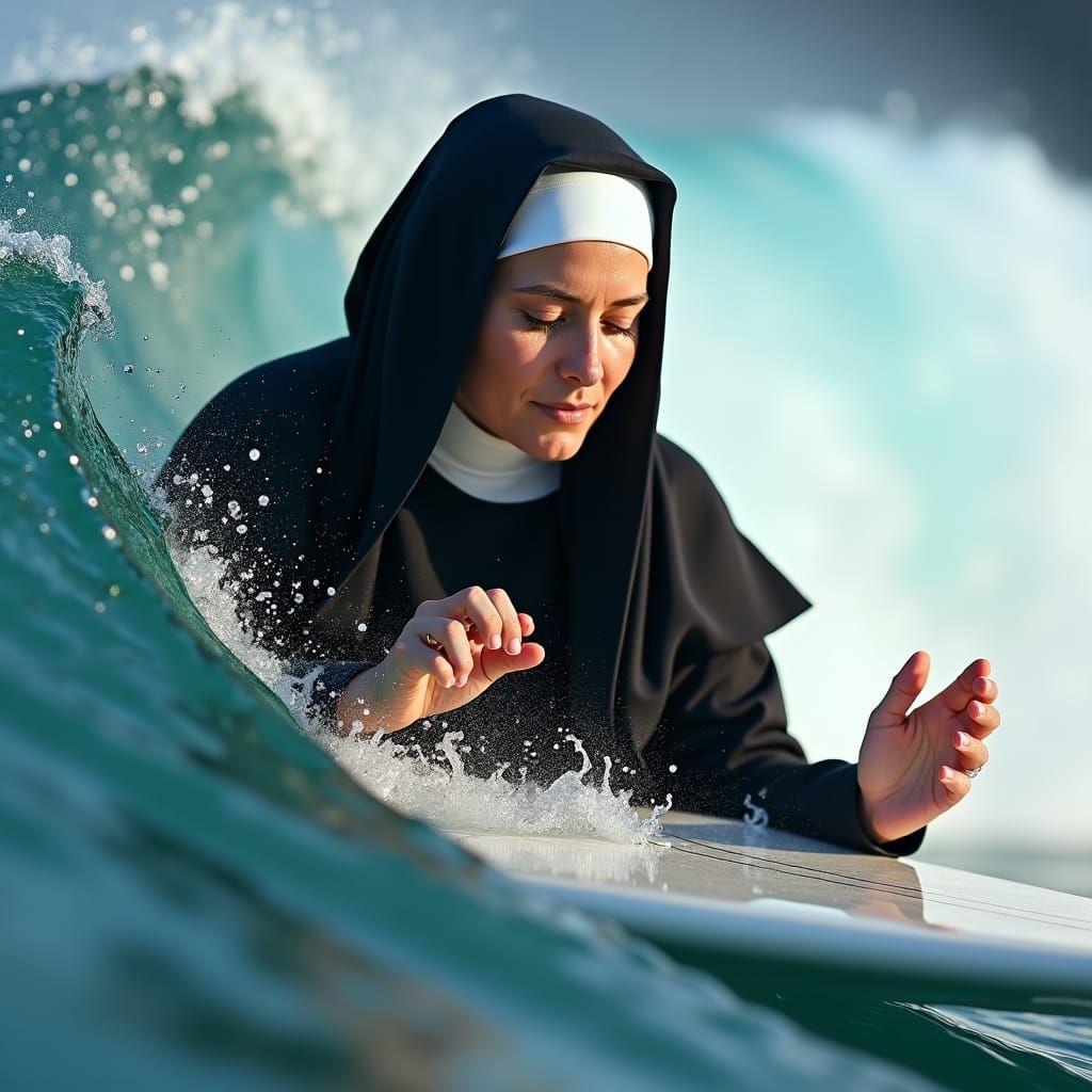 Nun Surfing Pipeline While Praying: Studio Portrait