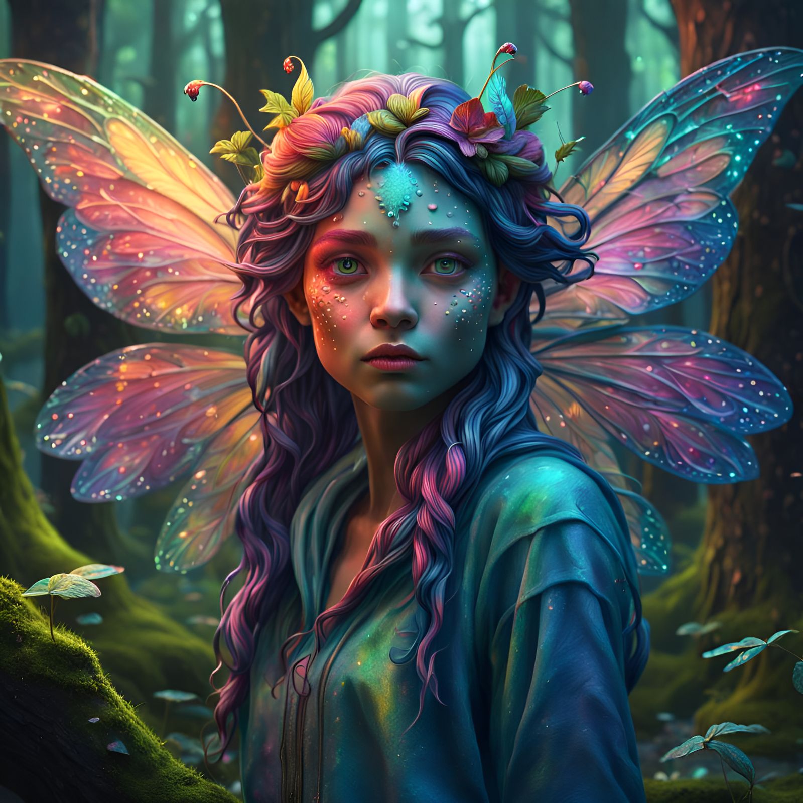 Psychedelic Fairy in Magical Forest, Ultra-Realistic Art