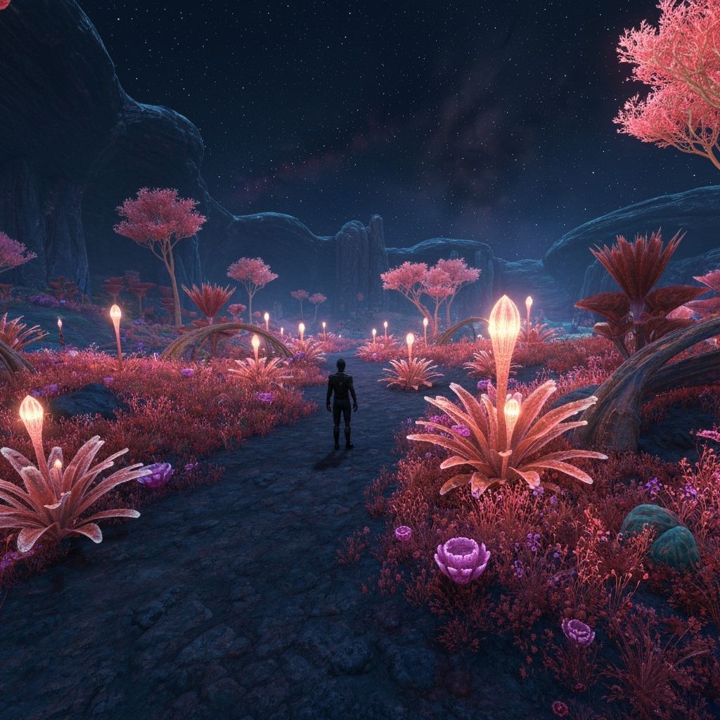 Alien Bioluminescent Garden Under Nebula Sky in Cosmic Surre...