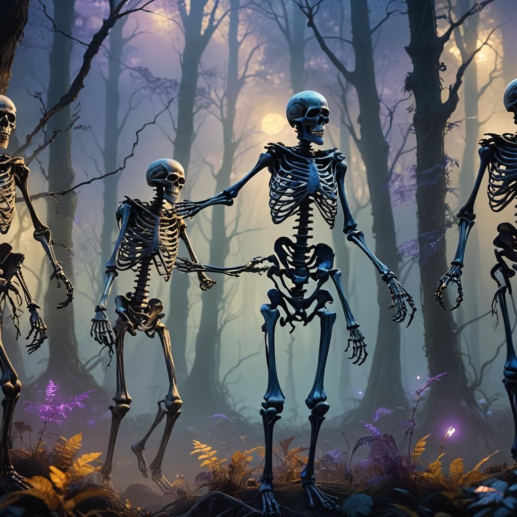 Skeletons Dance in Mystical Forest with Glowing Runes