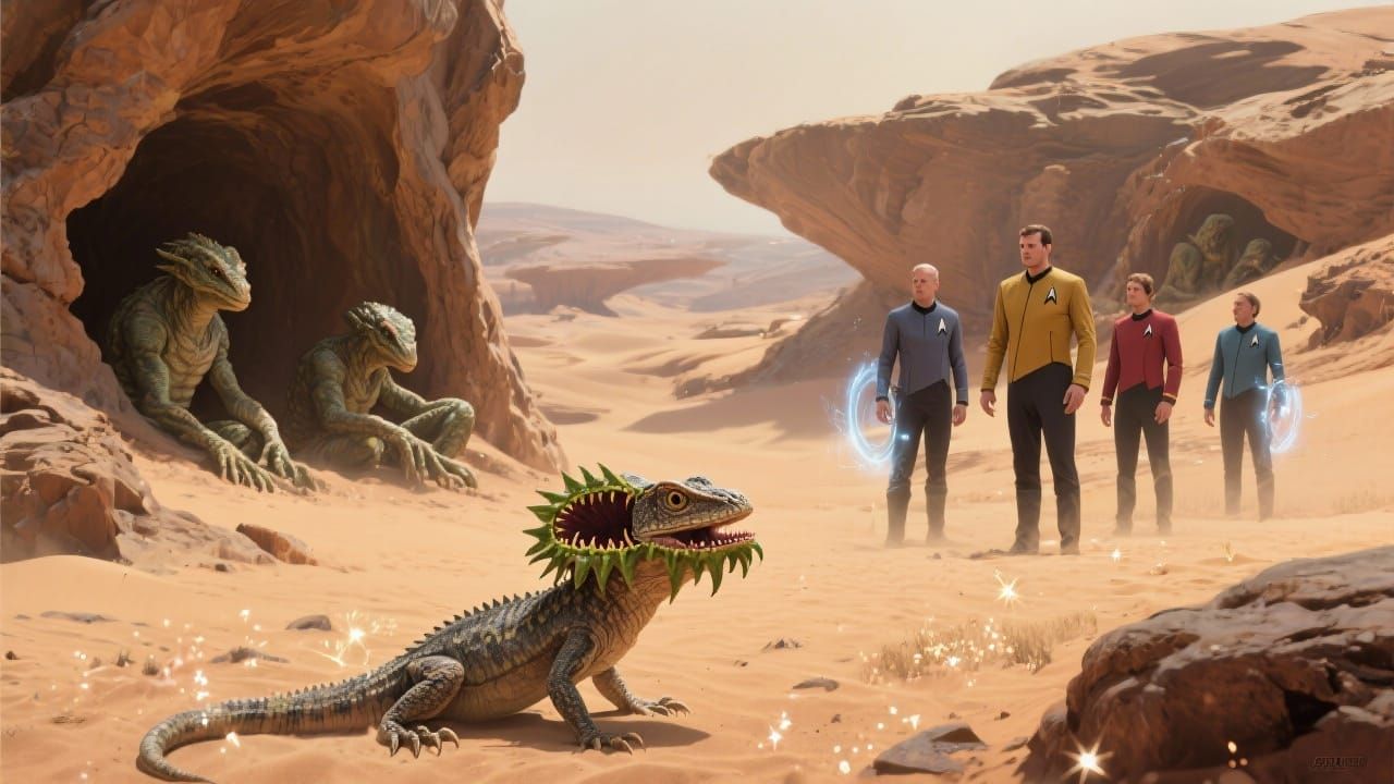 Starfleet Team Encounters Lizard Creature in Desert