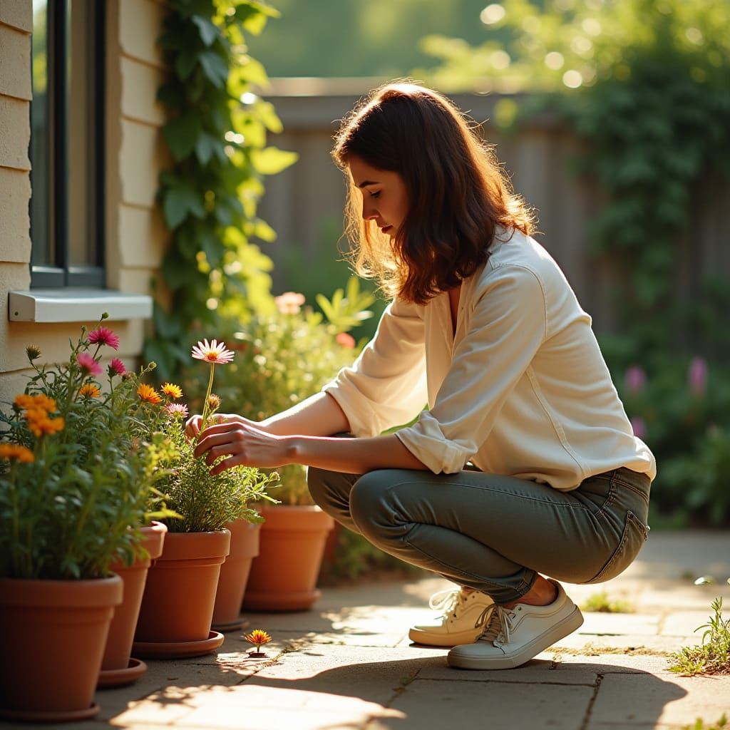 Woman Tending Flowers: Cinematic Film Still