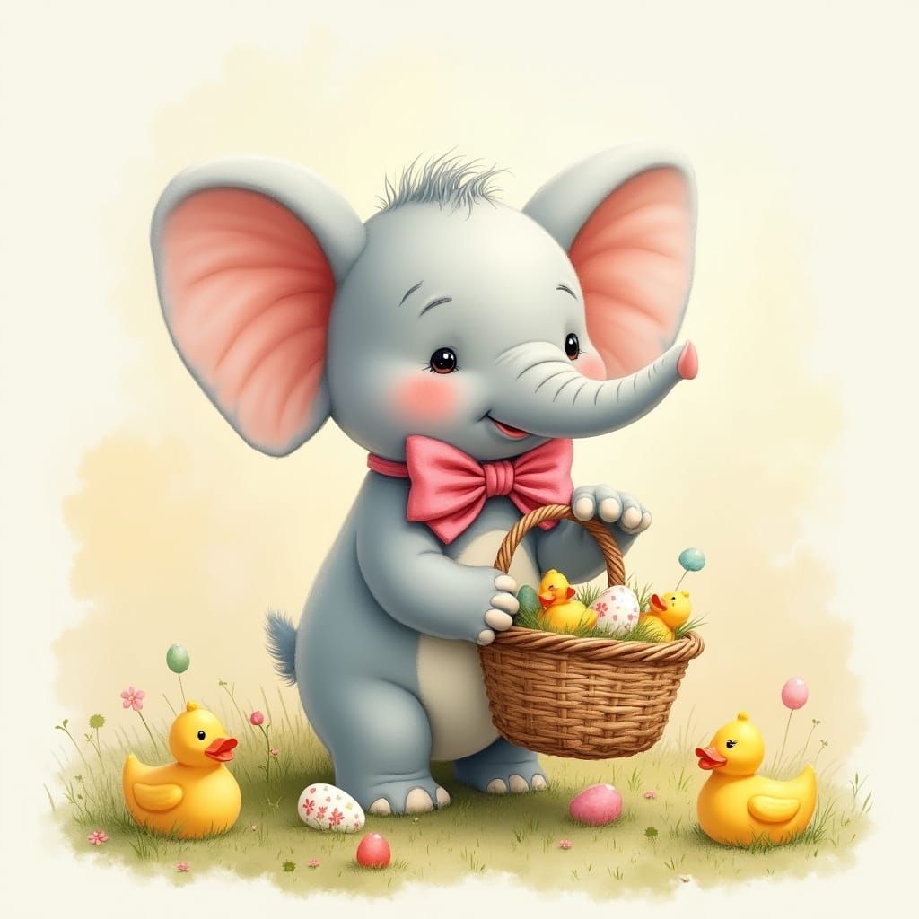 Easter Elephant with Chocolate Ducks in Whimsical Watercolor...