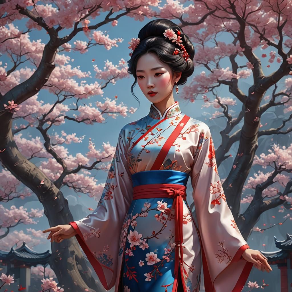 Princess in Qipao Among Cherry Blossoms