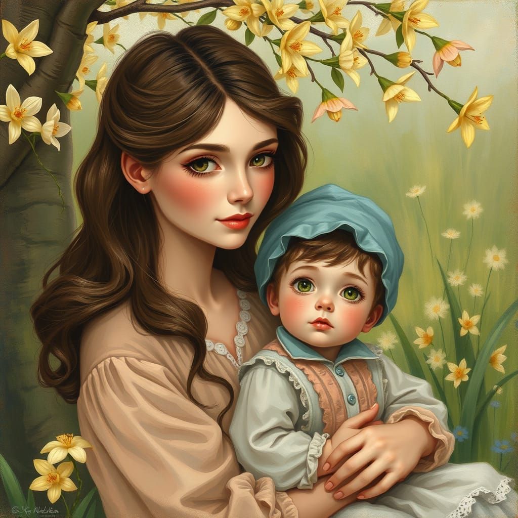 Motherly Love in Soft Pastel Hues, Inspired by Impressionist...
