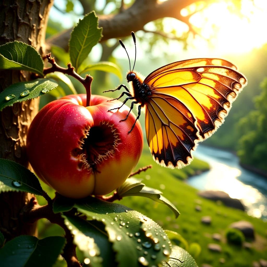Intricate Butterfly on Apple in Photorealistic Style