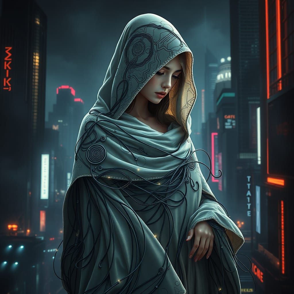 Futuristic Muse of Poetry in a Cyberpunk Cityscape