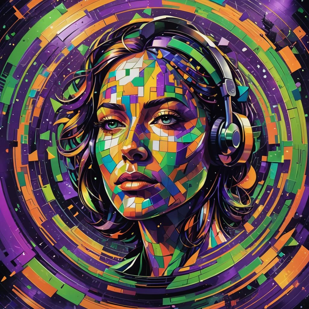 Futuristic Cubist Vinyl Record Portrait in Space