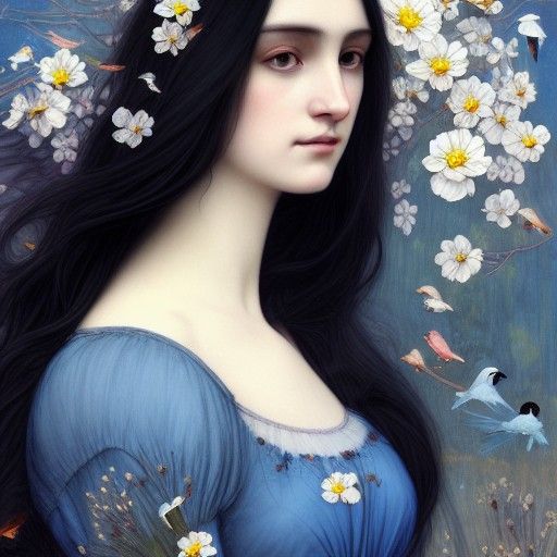 Goddess Portrait with Flowers and Birds in Oil Paint