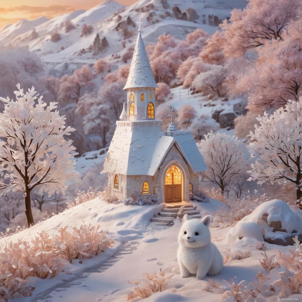 Snow Animal's Winter Chapel: Mixed Media Collage