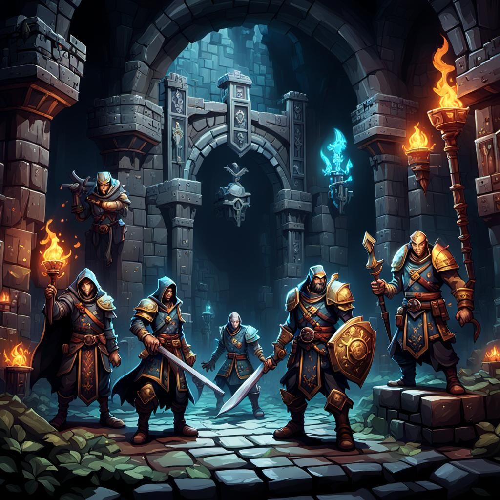 Pixel Art JRPG Team in Dungeon