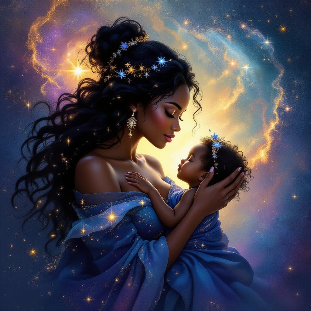 Cosmic Mother of World Embraces Stars in Ethereal Digital Ar...