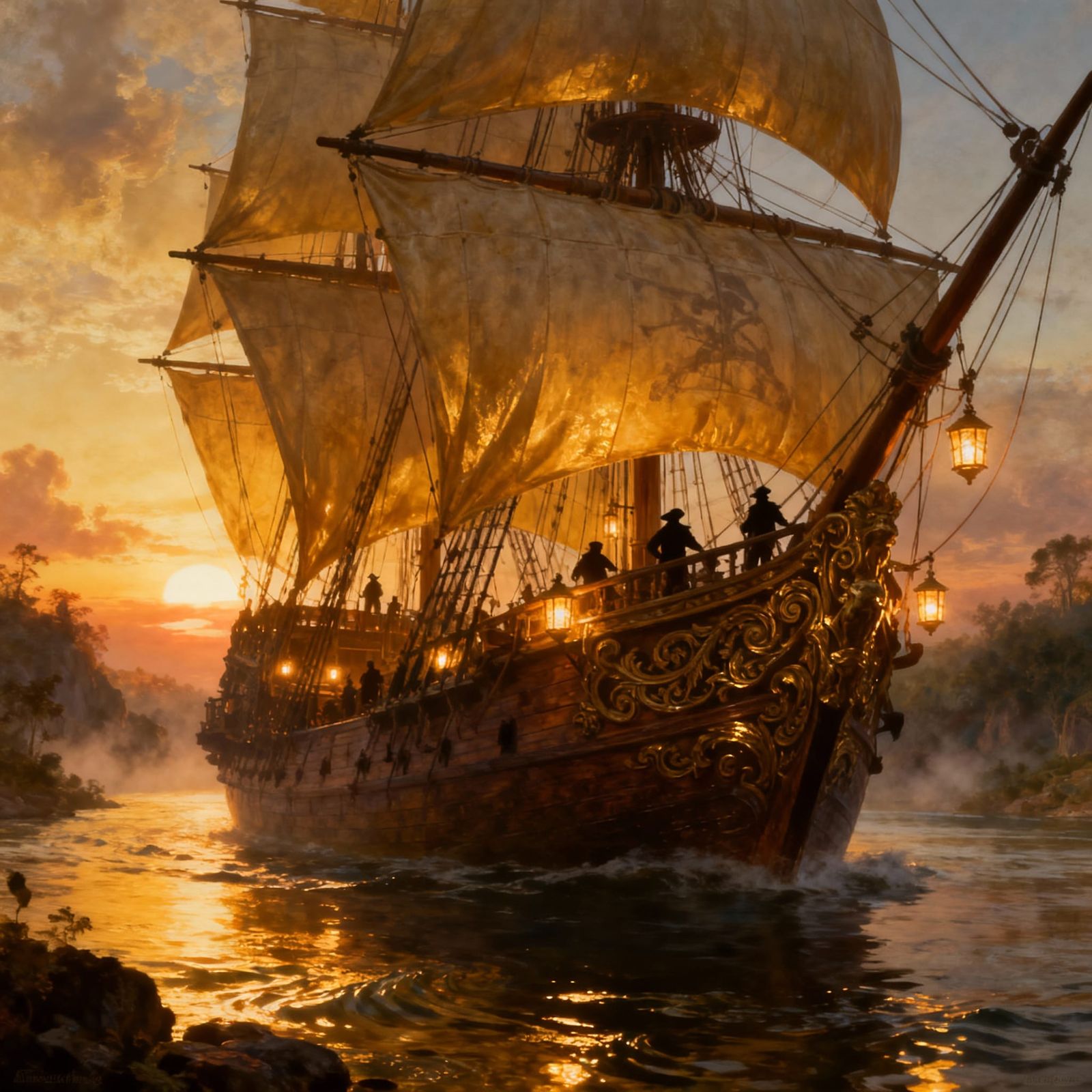Majestic Pirate Ship Sailing Glowing River at Sunset