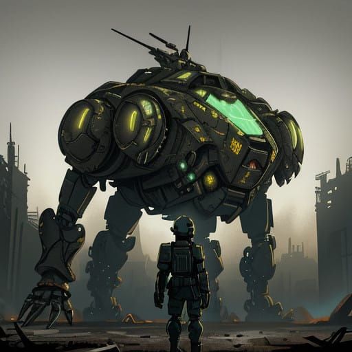 Futuristic Mech Standing Tall in Post-Apocalyptic Wasteland