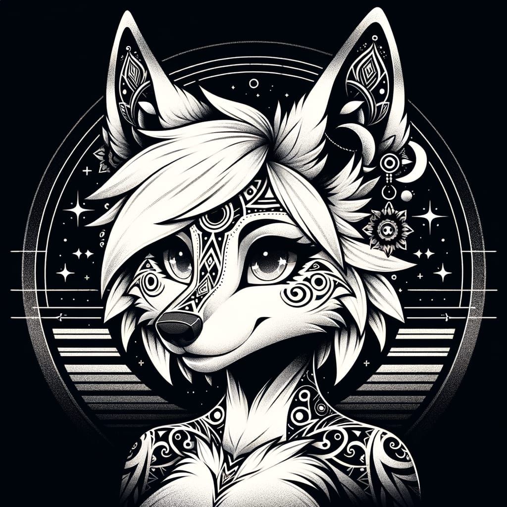 Anime-Style White Fox Character in Tribal Art Style