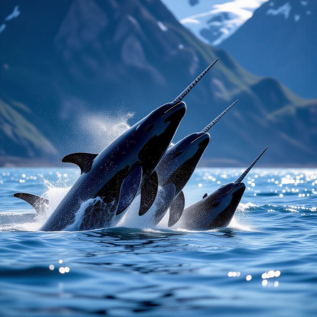 Narwhals Breaching Waves in Natural Light