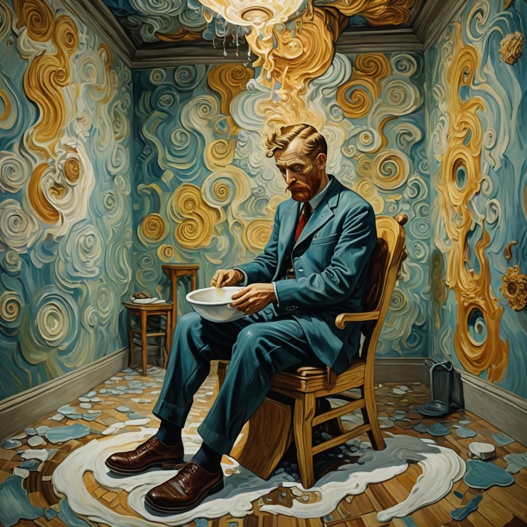 Surreal Man with Toilet Head in Dreamlike Oil Painting