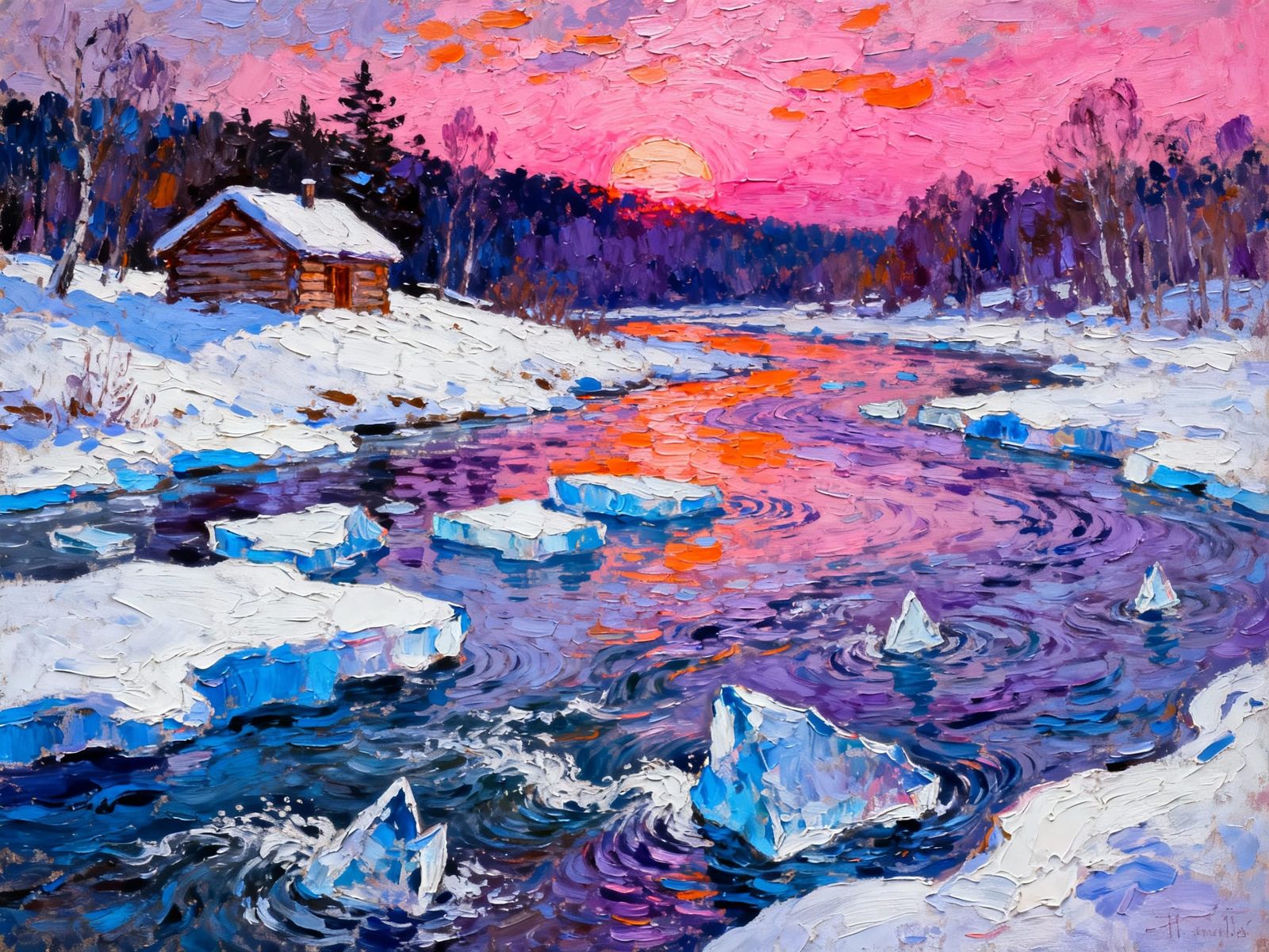 Vivid Winter Sunset Over Frozen River Cabin