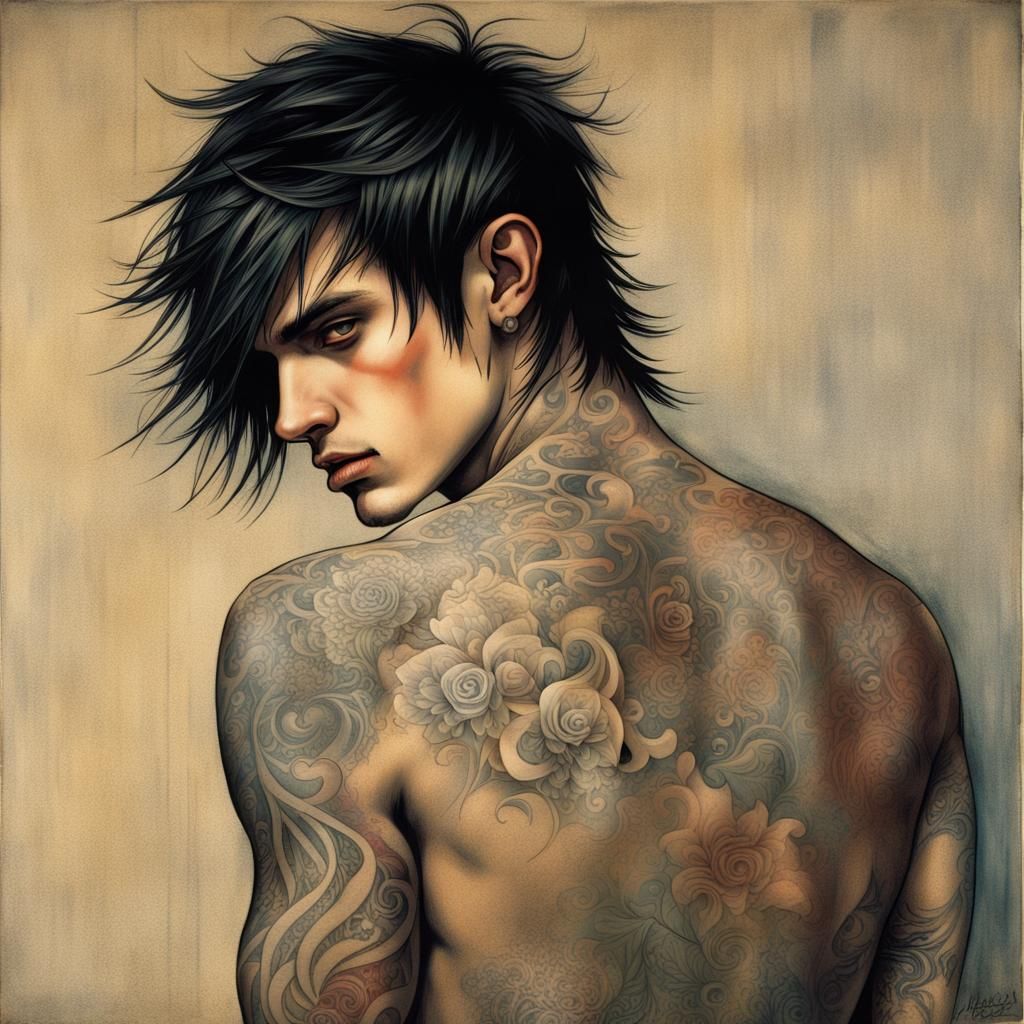 Goth Emo Man with Tattoos in Symbolist Style
