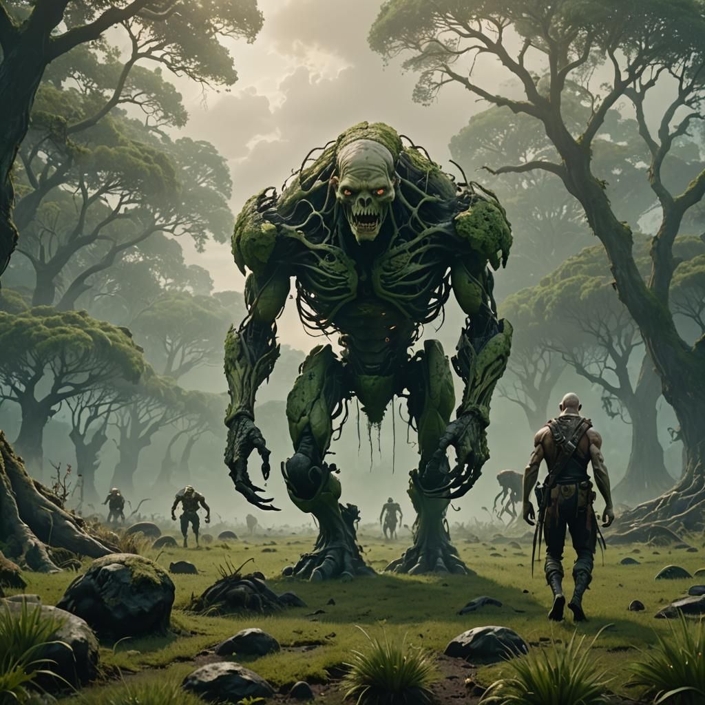 Parasitic Titan in Ancient Landscape: Cinematic Film Still