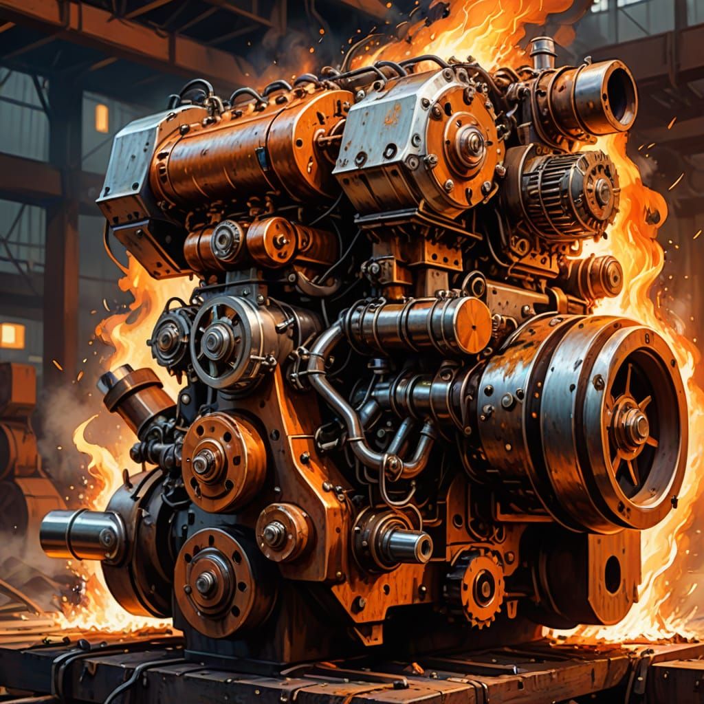 Sawmill V8 Motor with Fiery Exhaust: Digital Art