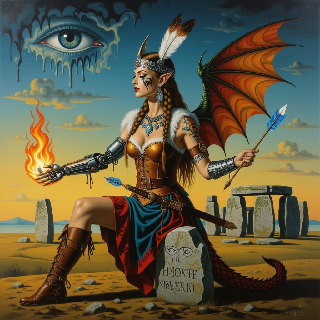 Viking Warrior Chimera with Dragon Wings in Surreal Landscap...