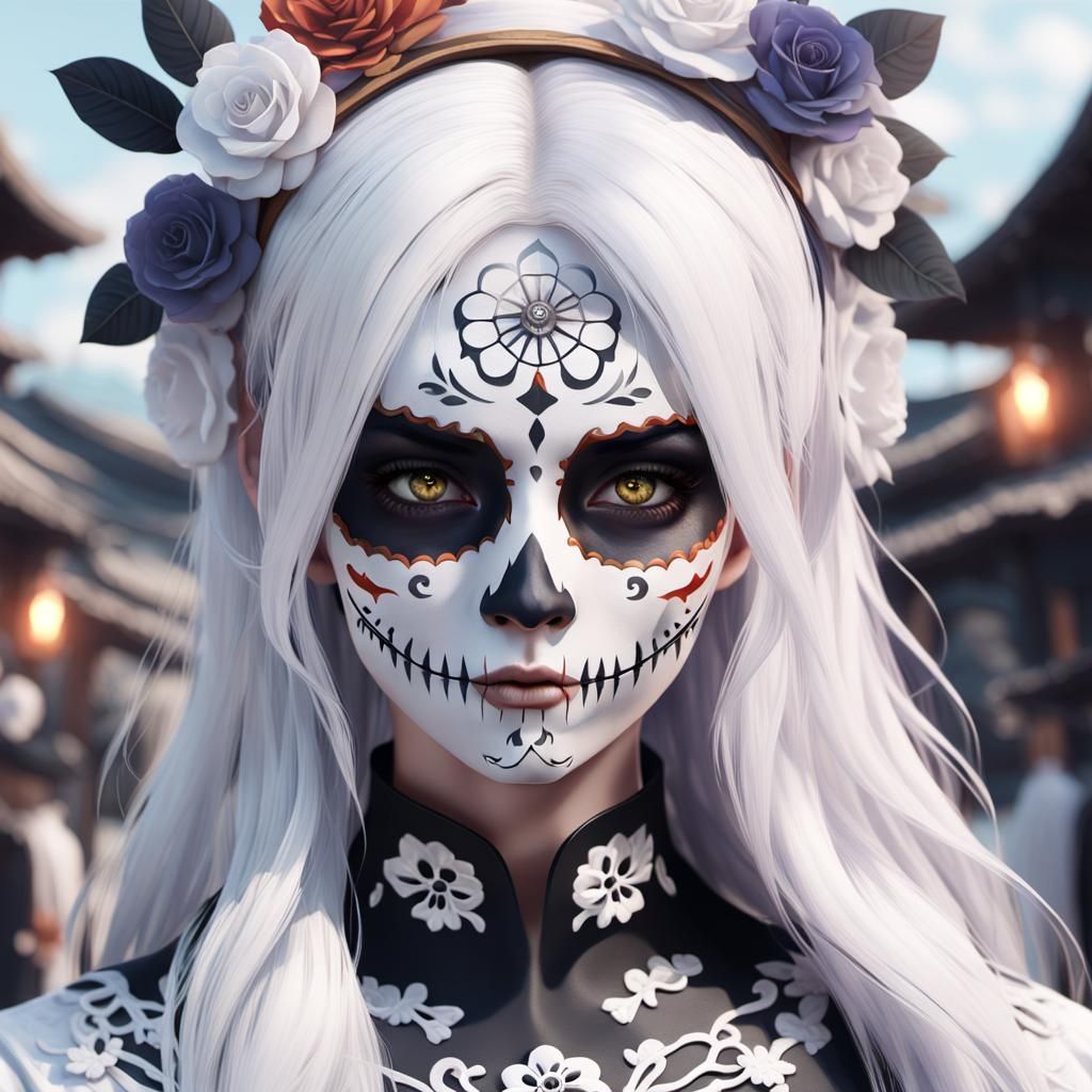Woman with Día de los Muertos Face Paint in Anime Style