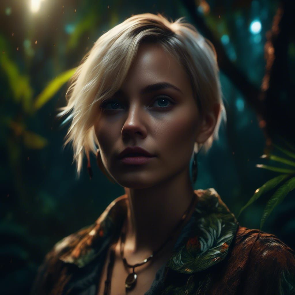 Woman in Rainforest Village at Night