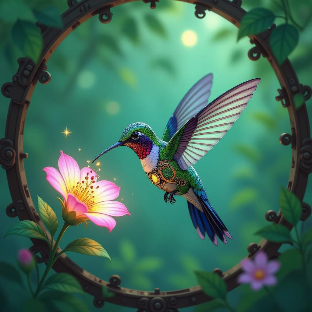 Clockwork Hummingbird Sipping Nectar in Steampunk Style