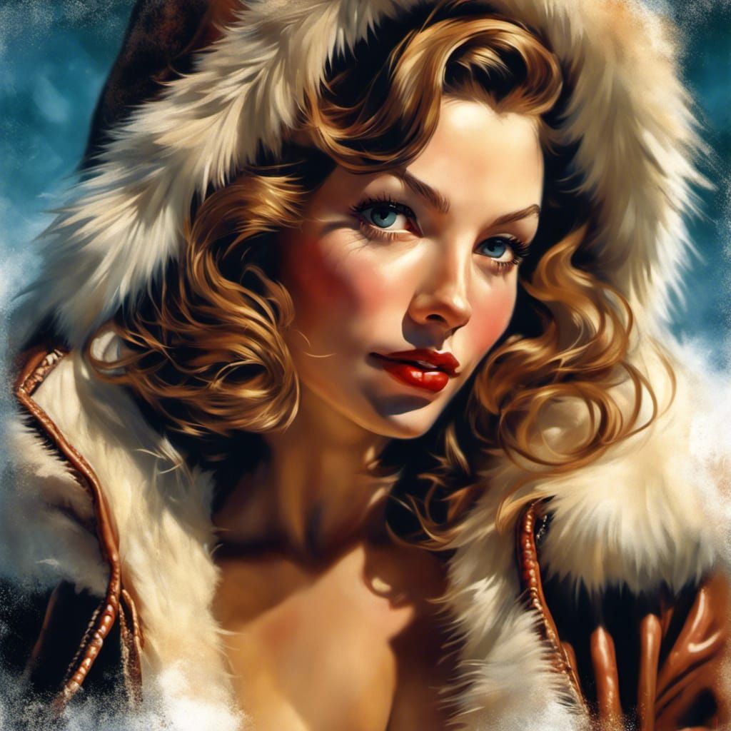 Glamorous Woman in Mink and Bikini, Pin-Up Style